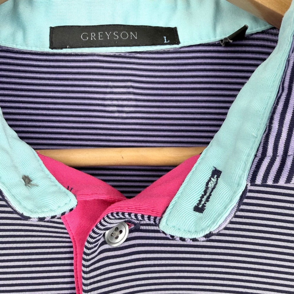 Greyson Mens Large Golf Polo Shirt Purple Pink Striped Preppy Performance Travel - Picture 3 of 8